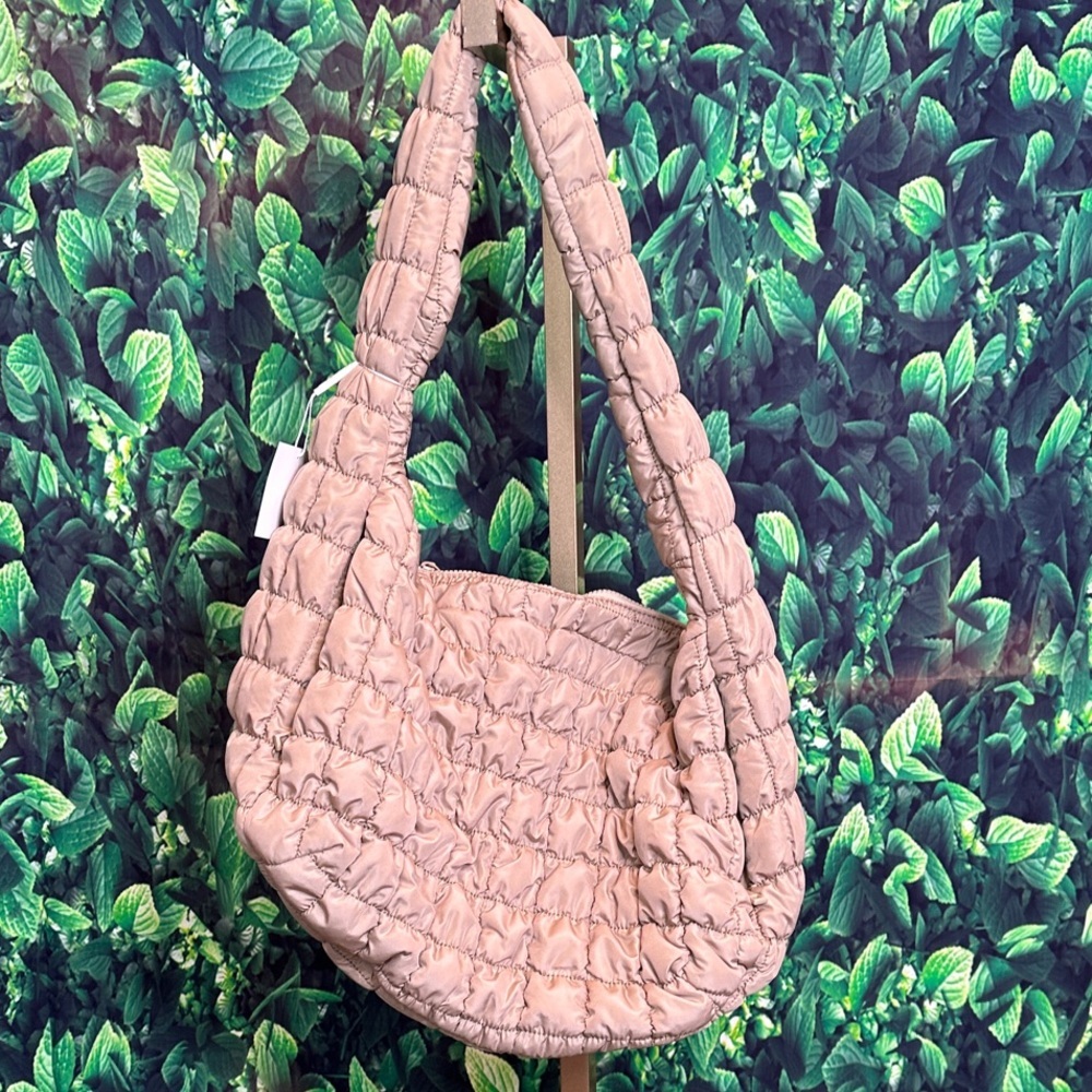 Natural Tan Puffy Nylon Quilted Tote Bag